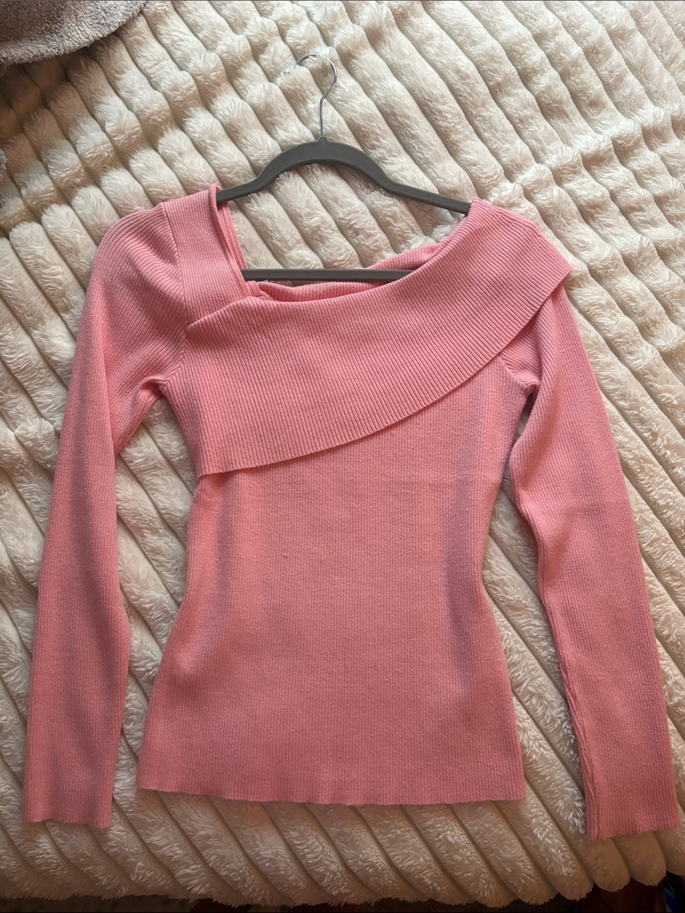 Pink Off-Shoulder Ribbed Women's Sweater